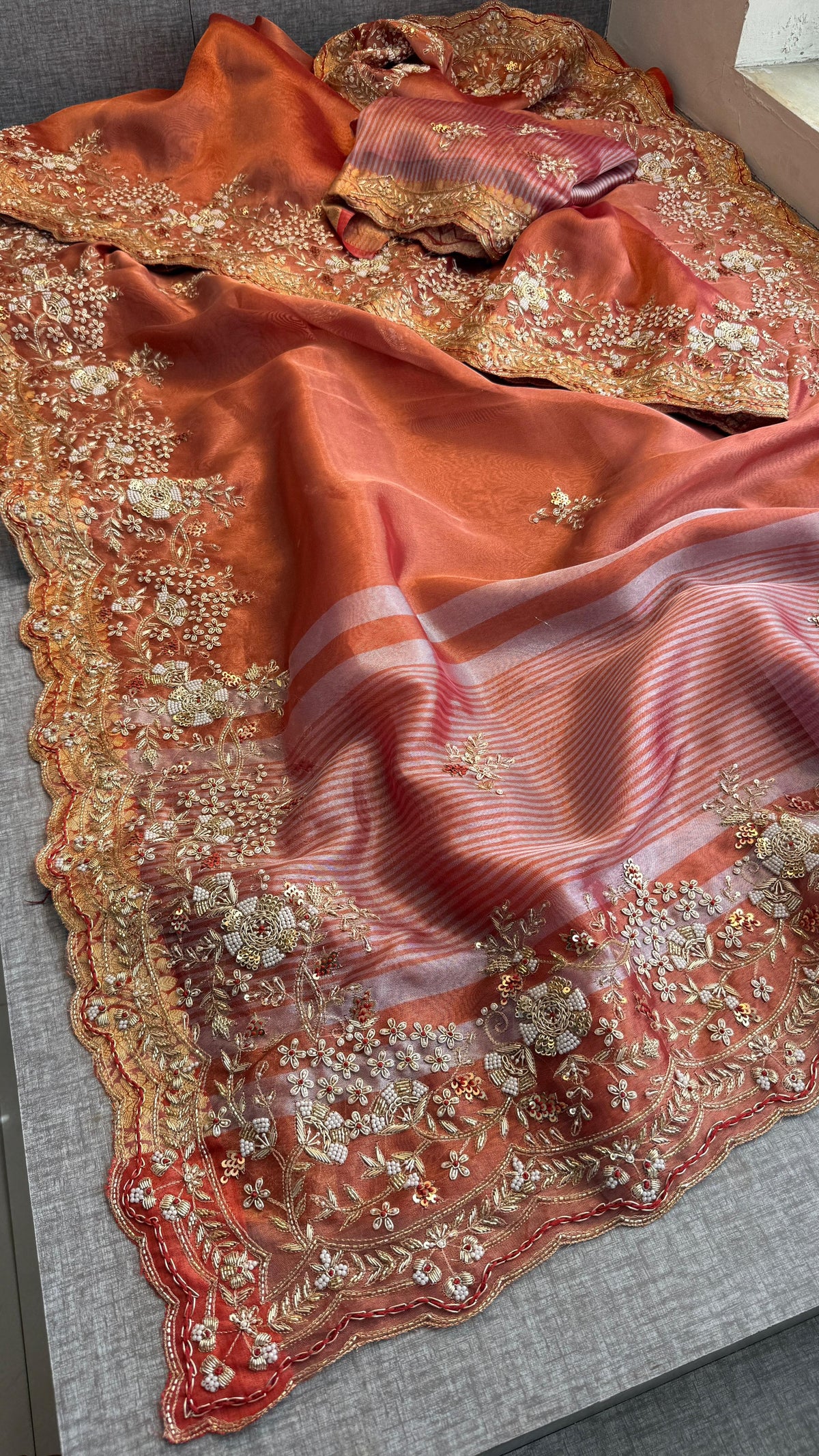 Tissue Handloom Banarasi Saree with Zardozi & Zarkan Accents