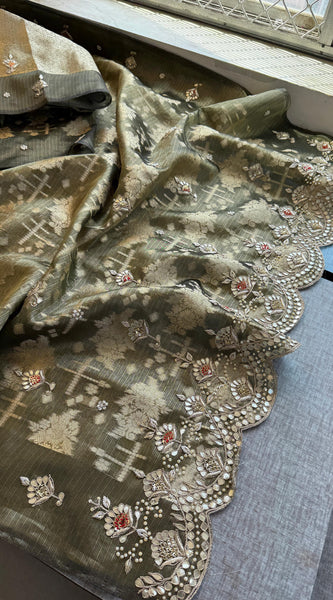 Soft Tissue Banarasi Silk Saree with Pearl & Gotapatti Embroidery