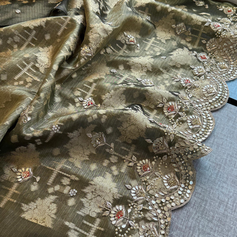 Soft Tissue Banarasi Silk Saree with Pearl & Gotapatti Embroidery