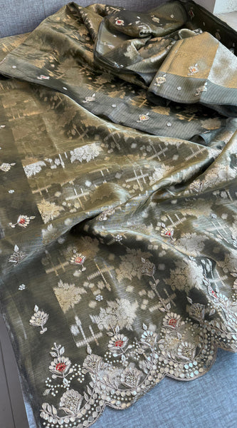 Soft Tissue Banarasi Silk Saree with Pearl & Gotapatti Embroidery