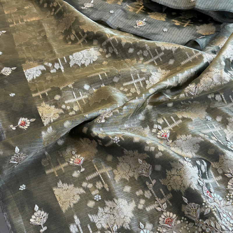 Soft Tissue Banarasi Silk Saree with Pearl & Gotapatti Embroidery