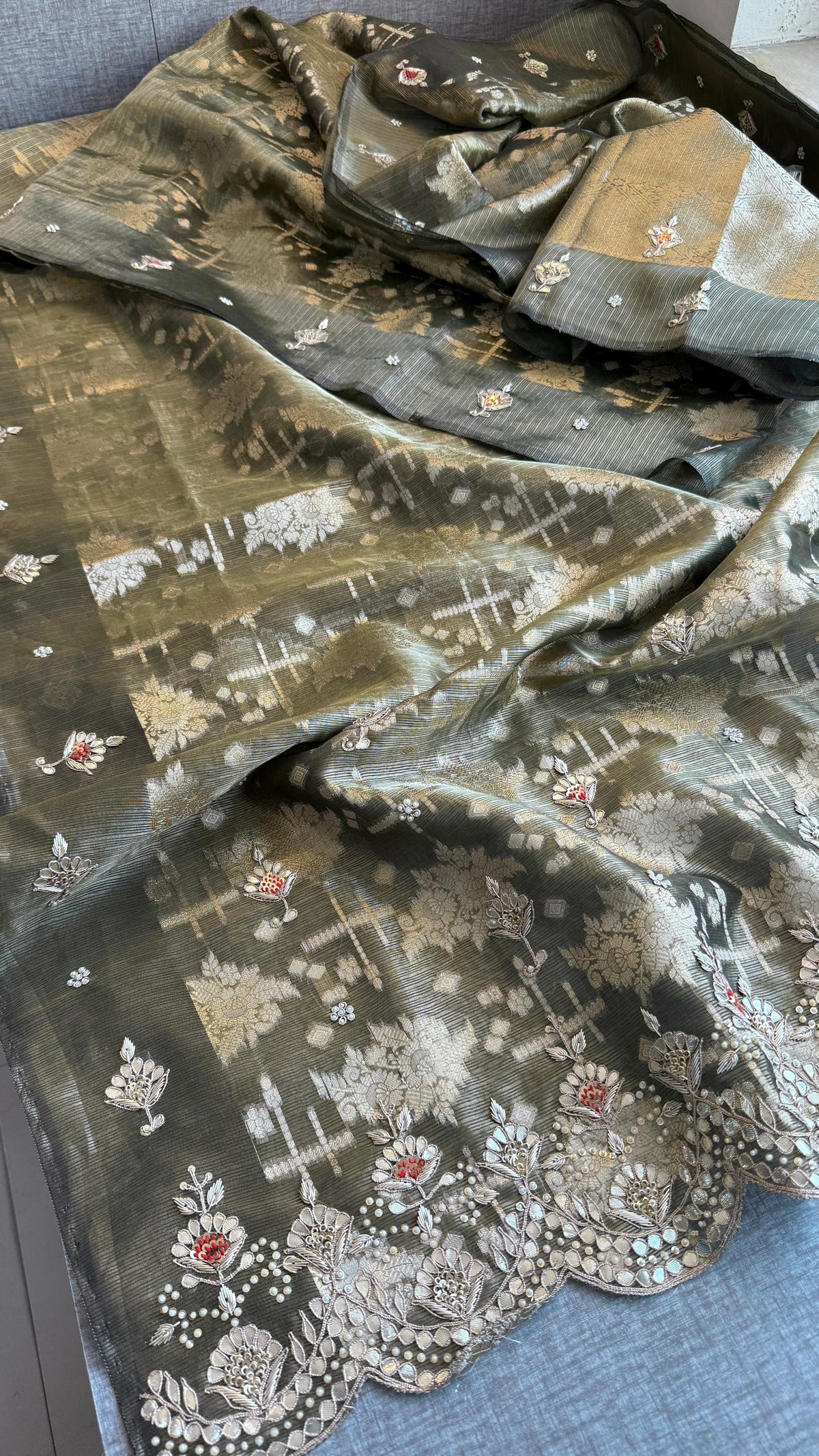 Soft Tissue Banarasi Silk Saree with Pearl & Gotapatti Embroidery