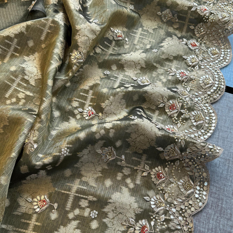 Soft Tissue Banarasi Silk Saree with Pearl & Gotapatti Embroidery