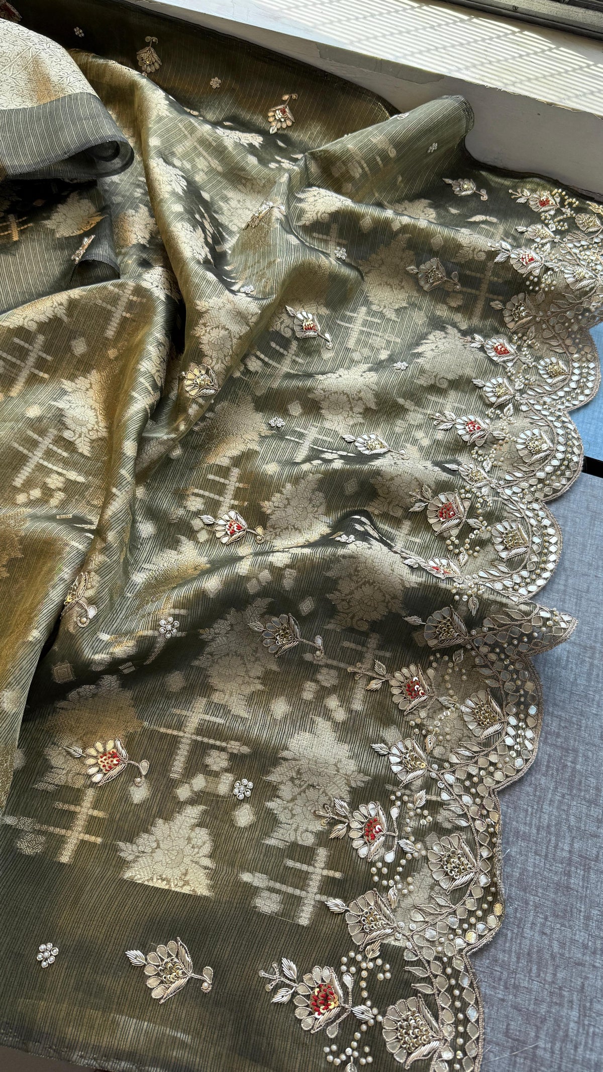 Soft Tissue Banarasi Silk Saree with Pearl & Gotapatti Embroidery