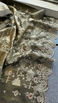 Soft Tissue Banarasi Silk Saree with Pearl & Gotapatti Embroidery