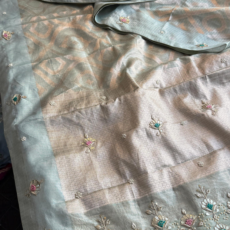 Soft Tissue Banarasi Silk Saree with Pearl & Gotapatti Embroidery