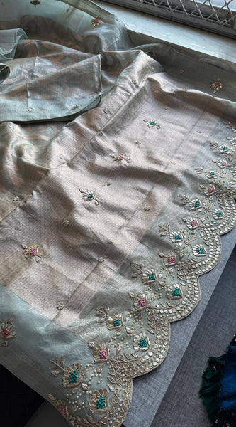 Soft Tissue Banarasi Silk Saree with Pearl & Gotapatti Embroidery