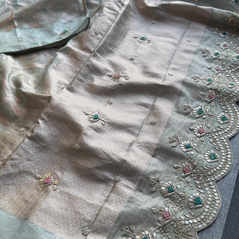 Soft Tissue Banarasi Silk Saree with Pearl & Gotapatti Embroidery