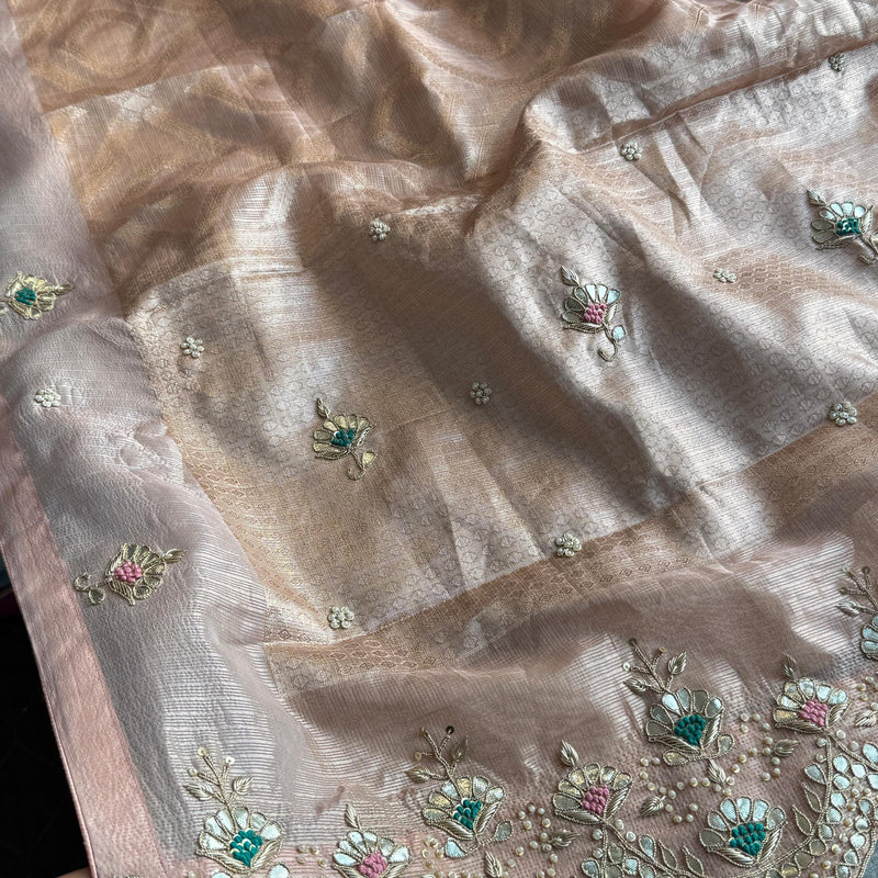 Soft Tissue Banarasi Silk Saree with Pearl & Gotapatti Embroidery