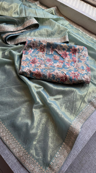 Cosmo Tissue Silk Saree with Zari & Sequins Border Detailing