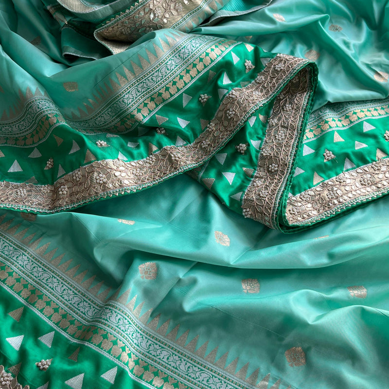Munga Patola Silk Saree with Gotapatti & Pearl Embroidery