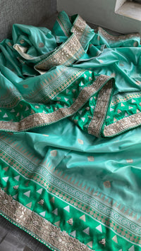 Pure Katan Silk Banarasi Saree with Zardozi, Sequins, Pearl &amp; Gotta Patti Hand Embroidery – Emerald &amp; Sea Green