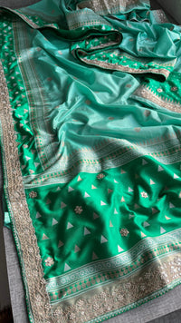 Pure Katan Silk Banarasi Saree with Zardozi, Sequins, Pearl &amp; Gotta Patti Hand Embroidery – Emerald &amp; Sea Green