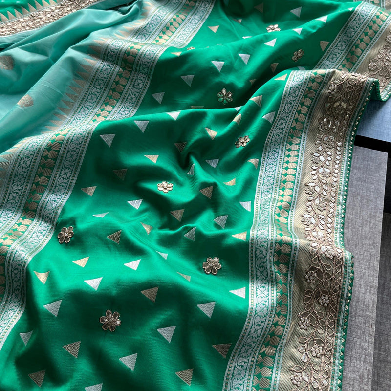 Munga Patola Silk Saree with Gotapatti & Pearl Embroidery