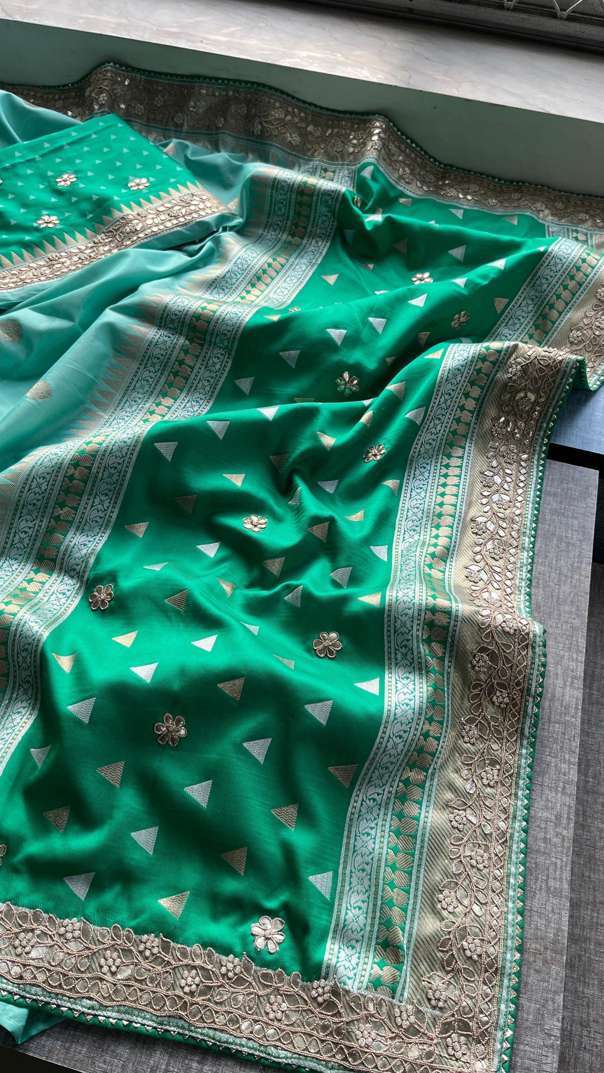 Pure Katan Silk Banarasi Saree with Zardozi, Sequins, Pearl &amp; Gotta Patti Hand Embroidery – Emerald &amp; Sea Green