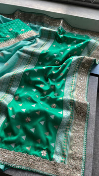 Pure Katan Silk Banarasi Saree with Zardozi, Sequins, Pearl &amp; Gotta Patti Hand Embroidery – Emerald &amp; Sea Green