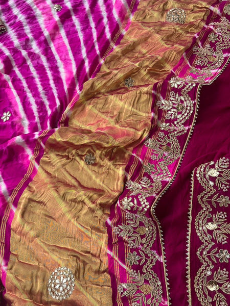 Pure Gajji Silk Leheriya Saree with Pearl & Zardozi Detailing