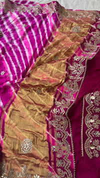 Pure Gajji Silk Leheriya Saree with Pearl & Zardozi Detailing