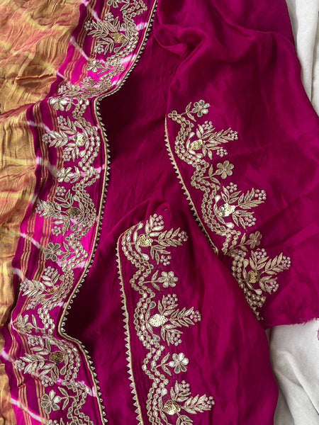 Pure Gajji Silk Leheriya Saree with Pearl & Zardozi Detailing
