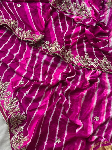 Pure Gajji Silk Leheriya Saree with Pearl & Zardozi Detailing