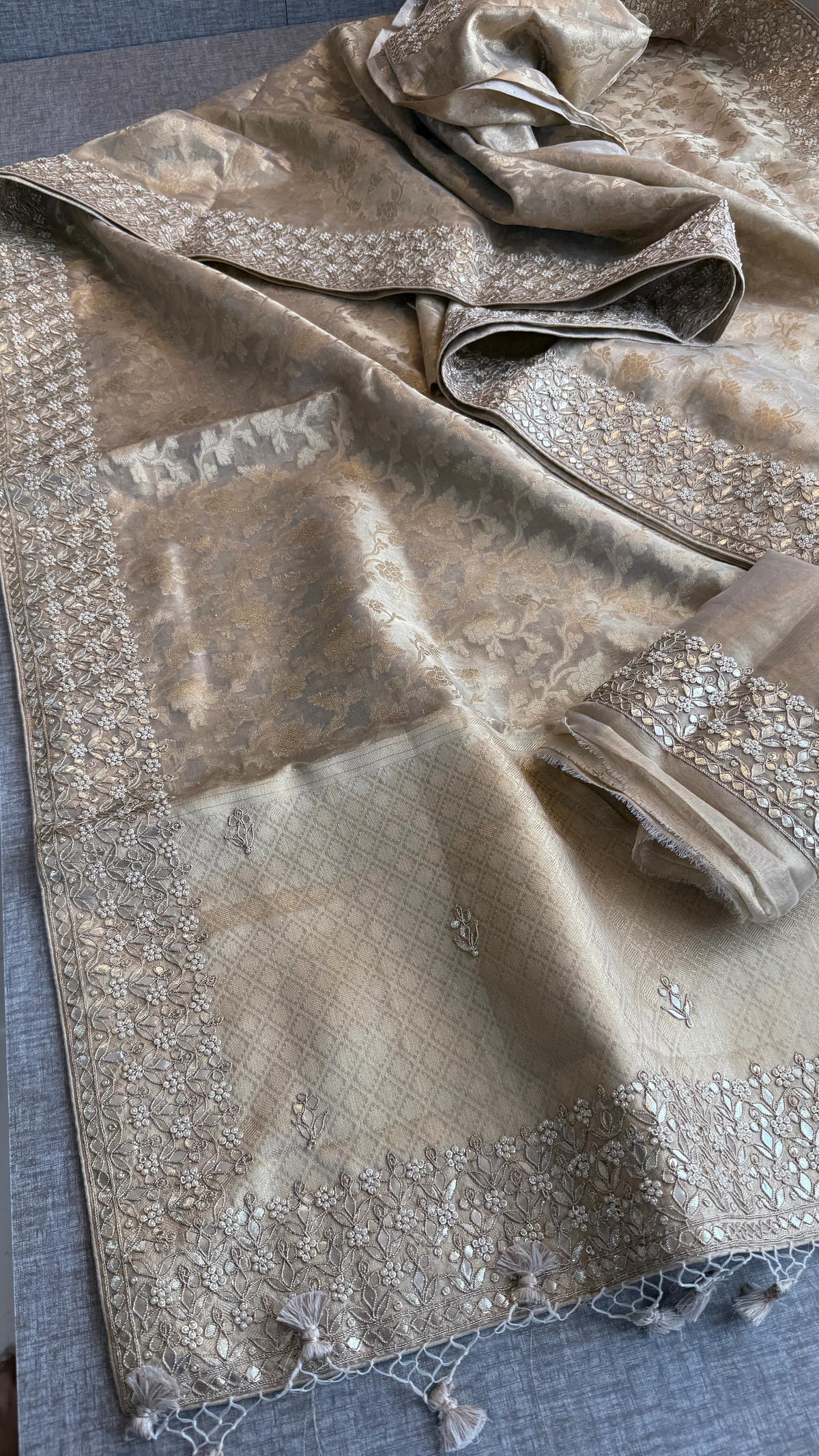 Tissue Handloom Banarasi Silk Saree with Gotapatti & Pearl