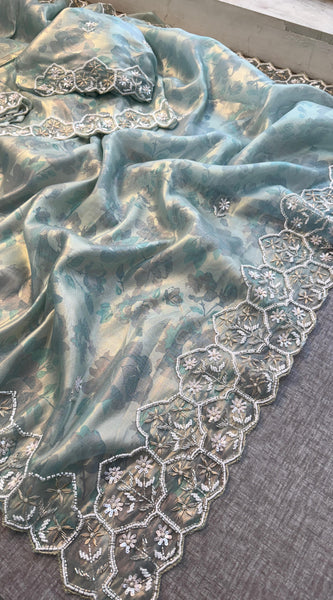 Soft Tissue Net Saree with Zardozi, Pearl & Kutdana Embroidery