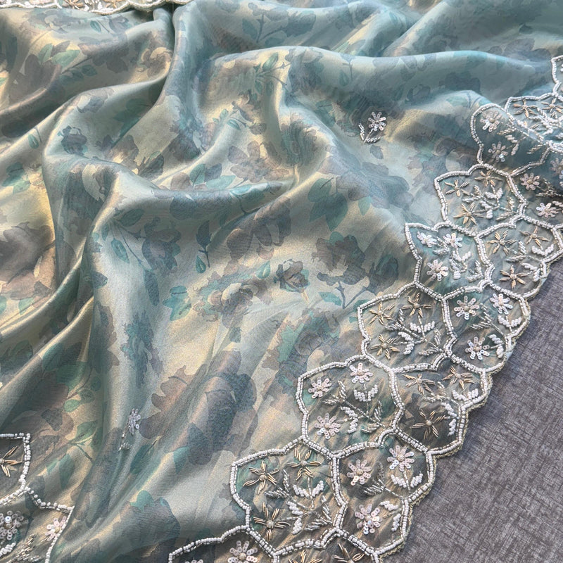 Soft Tissue Net Saree with Zardozi, Pearl & Kutdana Embroidery