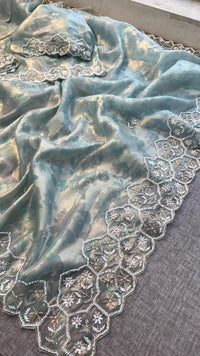 Soft Tissue Net Saree with Zardozi, Pearl & Kutdana Embroidery