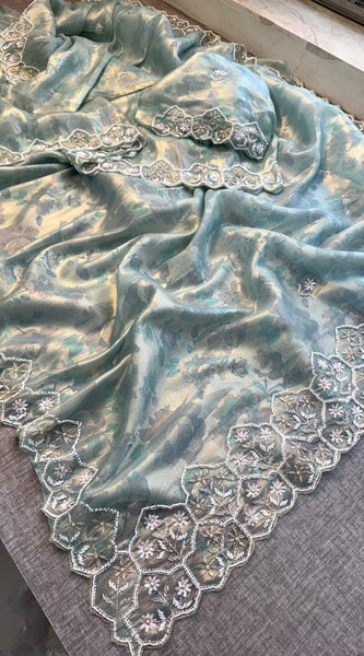 Soft Tissue Net Saree with Zardozi, Pearl & Kutdana Embroidery