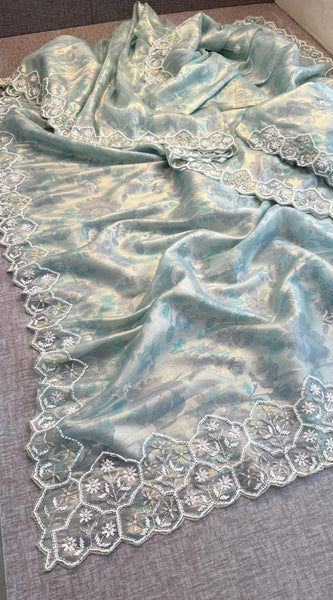 Soft Tissue Net Saree with Zardozi, Pearl & Kutdana Embroidery