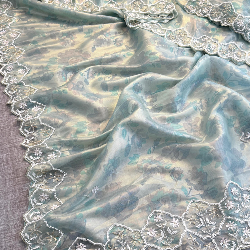 Soft Tissue Net Saree with Zardozi, Pearl & Kutdana Embroidery