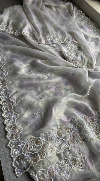 Soft Tissue Net Saree with Zardozi, Pearl & Kutdana Embroidery