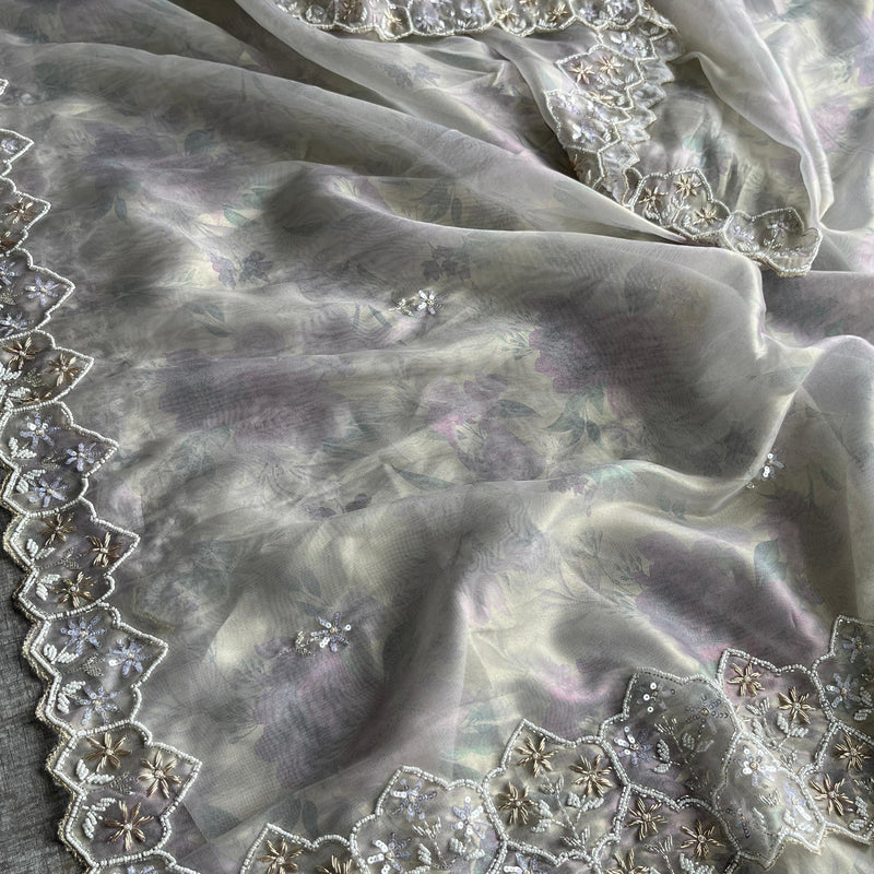 Soft Tissue Net Saree with Zardozi, Pearl & Kutdana Embroidery