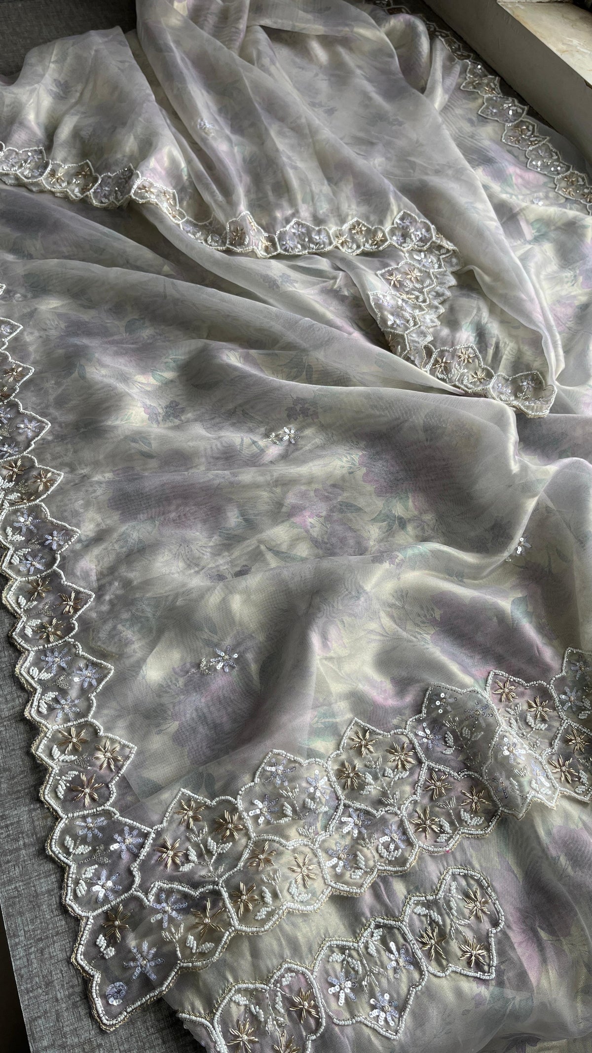 Soft Tissue Net Saree with Zardozi, Pearl & Kutdana Embroidery