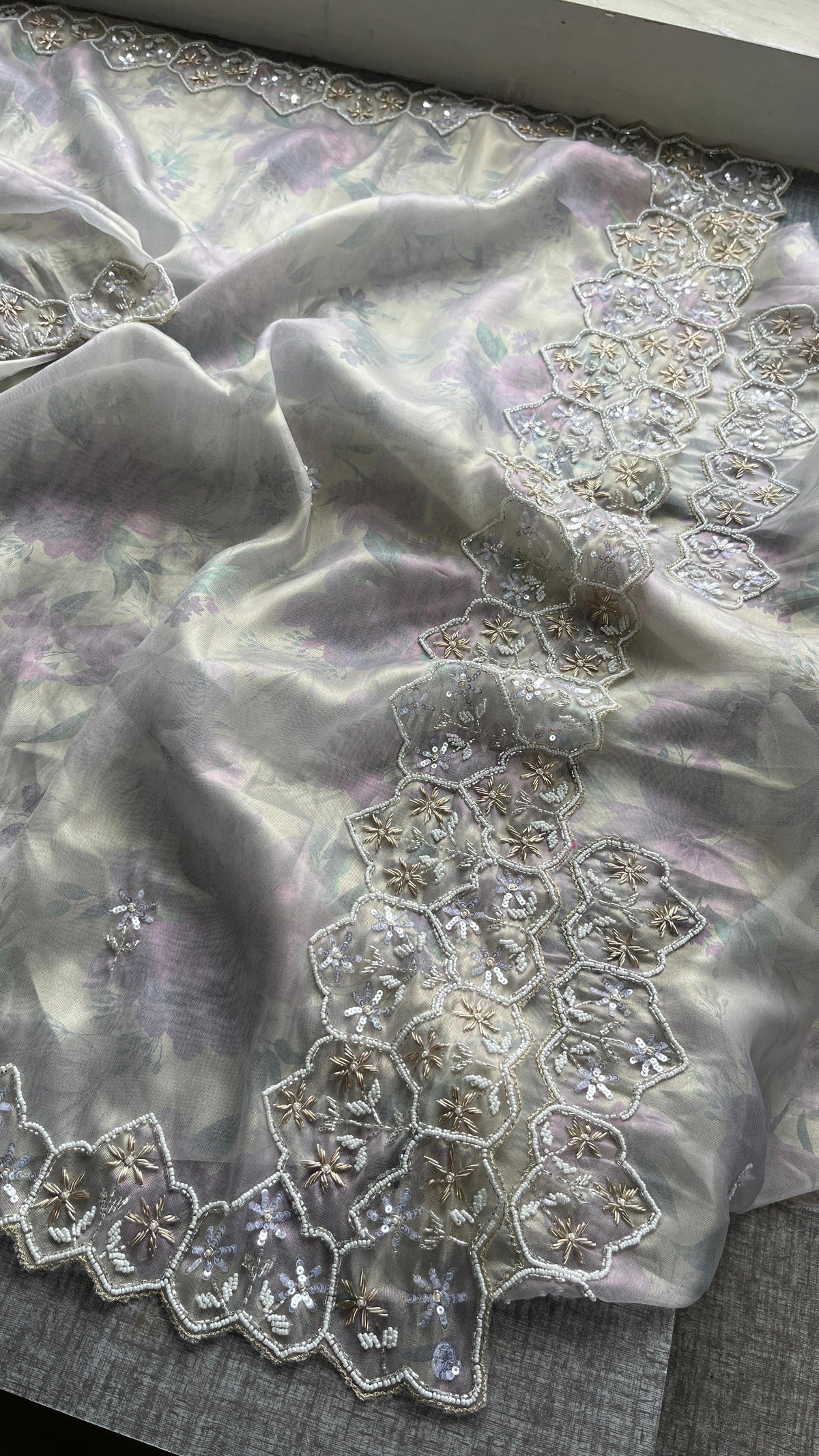 Soft Tissue Net Saree with Zardozi, Pearl & Kutdana Embroidery