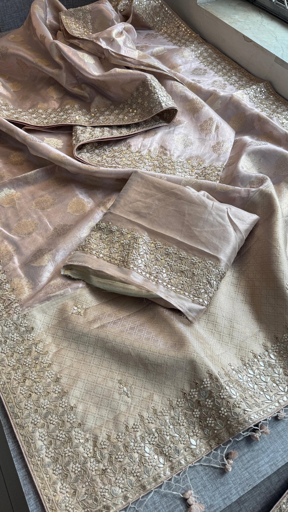Tissue Handloom Banarasi Silk Saree with Pearl & Gotapatti