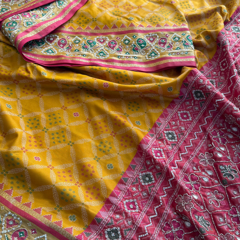 Patola Munga Banarasi Silk Saree with Zardozi & Pearl Work