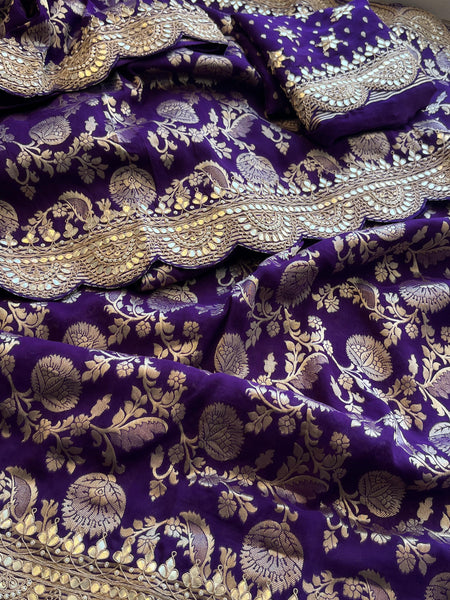 Pure Khaddi Georgette Banarasi Saree with Handcrafted Gota Patti Zardozi Sequins and Pearl Embroidery