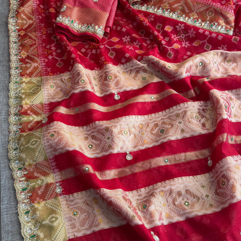 Soft Organza Saree with Pittan & Resham Hand Embroidery
