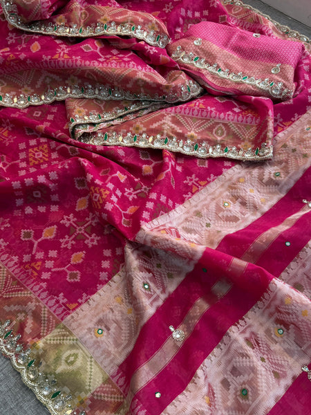 Soft Organza Saree with Pittan & Resham Hand Embroidery