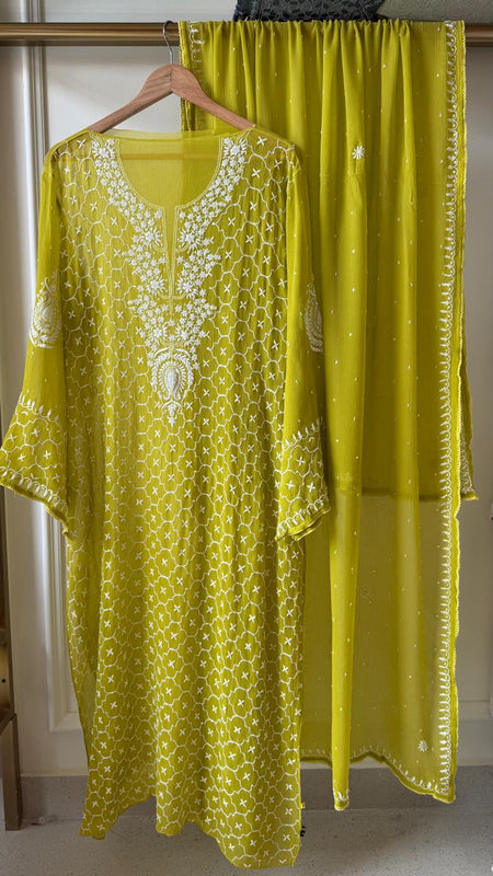 Chiffon Kurta Dupatta Set with Pearl & Katdana Work