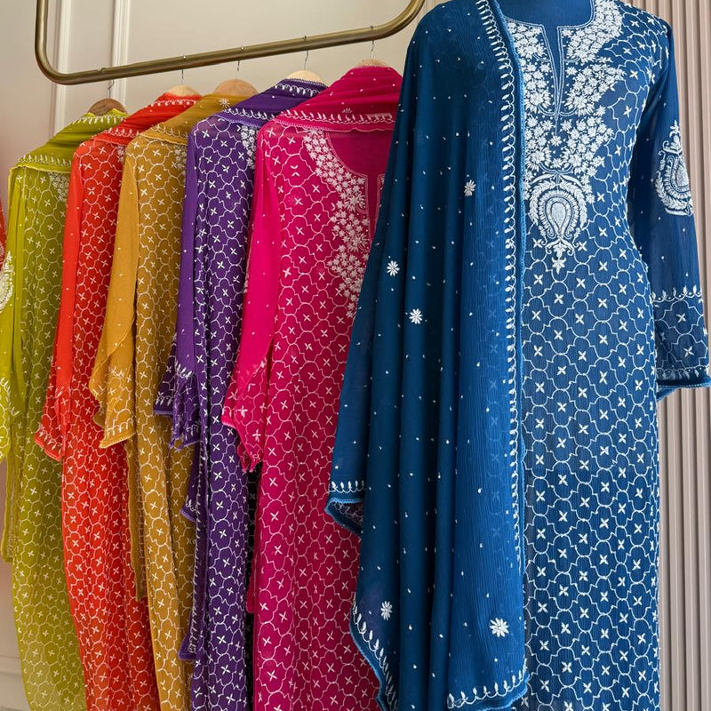 Chiffon Kurta Dupatta Set with Pearl & Katdana Work