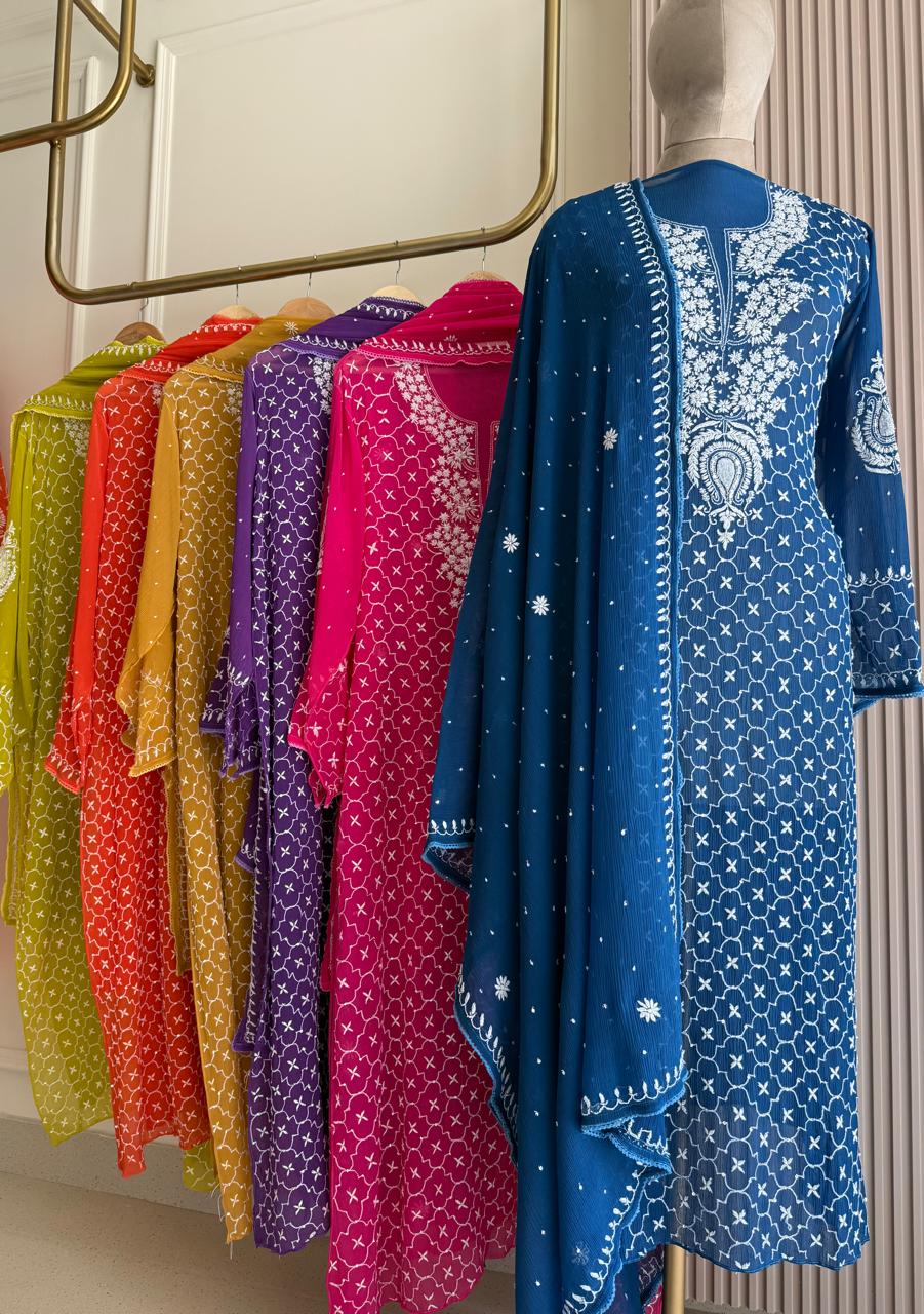 Chiffon Kurta Dupatta Set with Pearl & Katdana Work