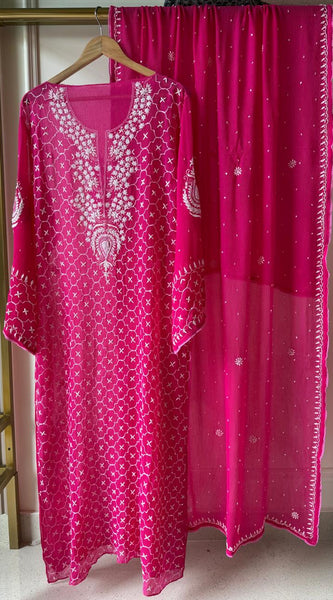 Chiffon Kurta Dupatta Set with Pearl & Katdana Work