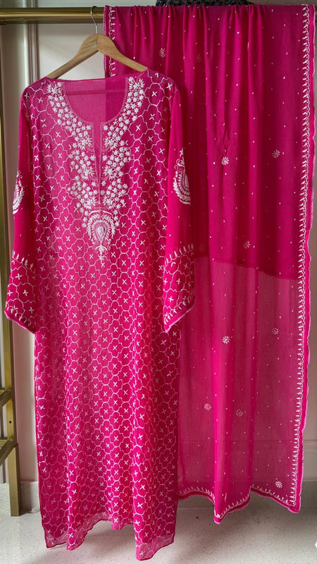 Chiffon Kurta Dupatta Set with Pearl & Katdana Work