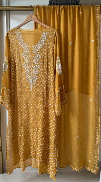 Chiffon Kurta Dupatta Set with Pearl & Katdana Work