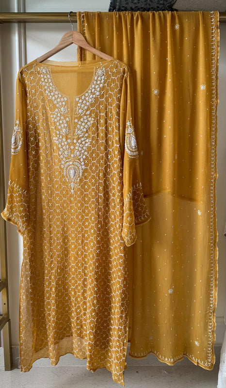 Chiffon Kurta Dupatta Set with Pearl & Katdana Work