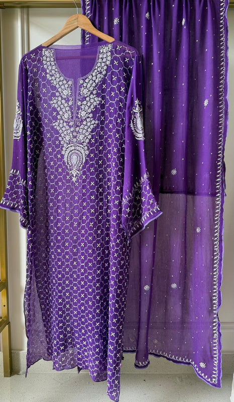 Chiffon Kurta Dupatta Set with Pearl & Katdana Work