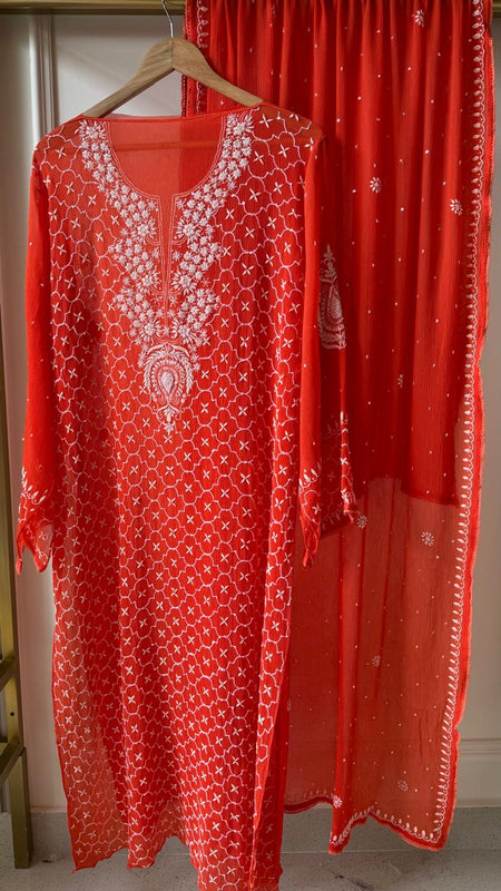 Chiffon Kurta Dupatta Set with Pearl & Katdana Work