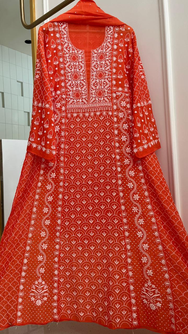 Mul Chanderi Kalidar Set with Pearl & Katdana Work